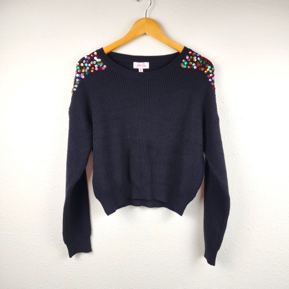 Jess Lea NWT Party Favor Black Colorful Sequin Knit Cropped Sweater Size Medium